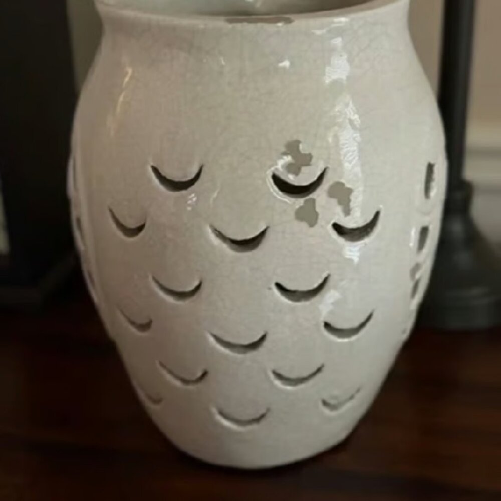 Pottery Barn 11.5" OWL Punched Ceramic Halloween Luminary Pillar Candle Holder - Picture 6 of 7